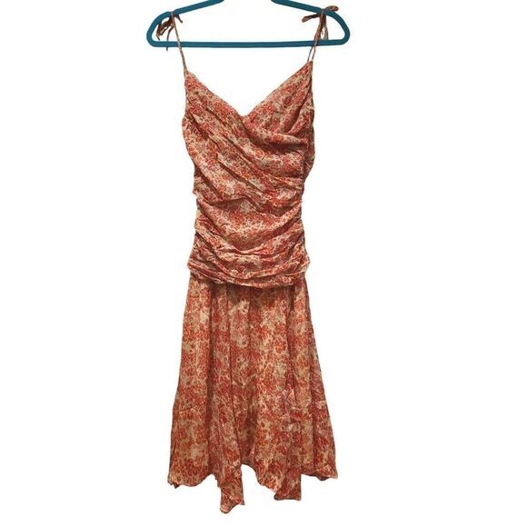 Irene Van Ryb Silk Floral Mesh Ruched Dress Handkerchief Hemline Y2K | 42 - US L - Picture 3 of 10
